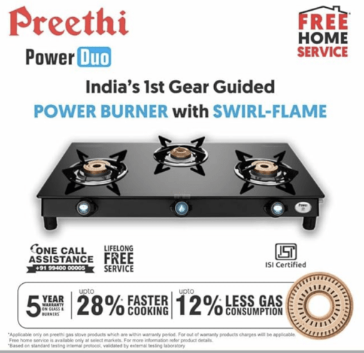 Preethi Bluflame Sparkle Power Duo 3 Burner Glass top Gas Stove with Power Burner and Swirl flame technology, saves gas and cooks faster, Manual Ignition, Black - Image 4
